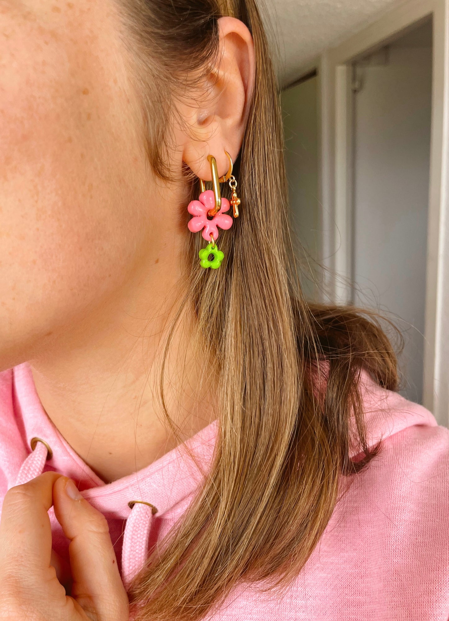 Boucles d'oreille Poppy roses et vertes