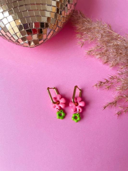 Boucles d'oreille Poppy roses et vertes